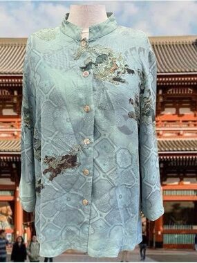 Silk-Blend Mandarin Collar Button-Up Top in Light Aqua